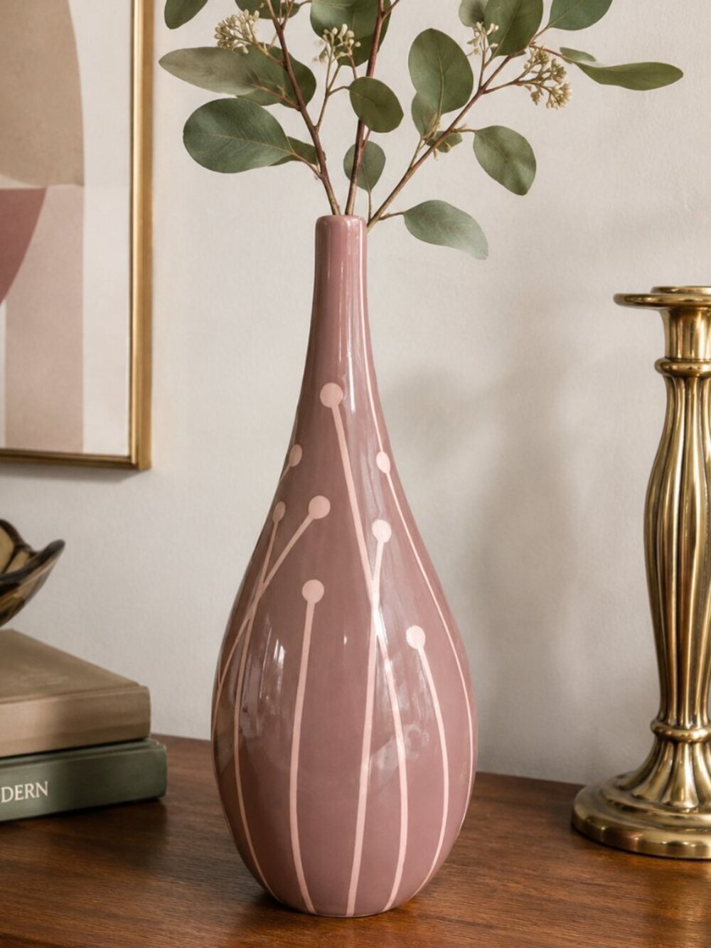 Vintage MCM Ceramic Teardrop Vase with Mod Botanical Design, 12x5 Mauve and Pink
